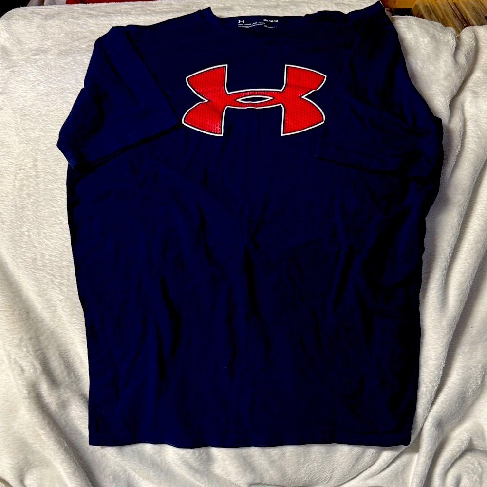 Under Armour Men's Dark Blue Tee with Red Logo
